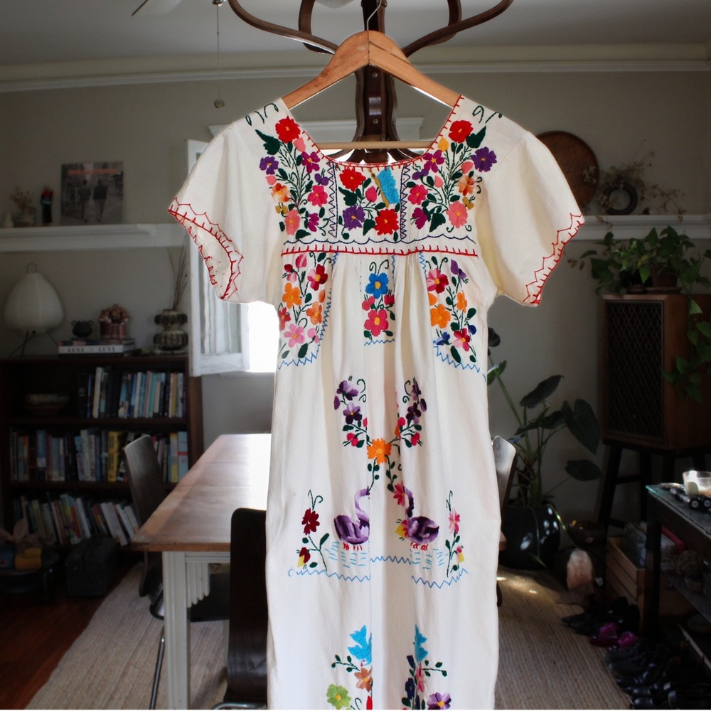 Vintage 1970's Hand Embroidered Mexican Floral Dress